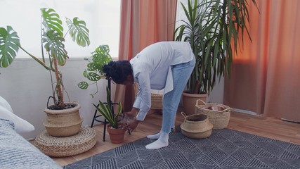 Young african american woman watering houseplants at home
