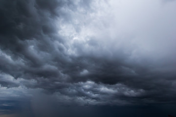 The dark sky with heavy clouds converging and a violent storm before the rain.Bad or moody weather sky and environment. carbon dioxide emissions, greenhouse effect, global warming, climate change.