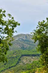 Obraz premium Beautiful landscape shot in the middle of the mountains between out of focus trees