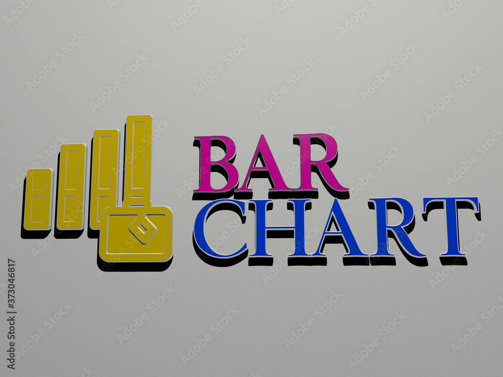 Aufkleber 3d representation of bar chart with icon on the wall and text arranged by metallic cubic letters on 