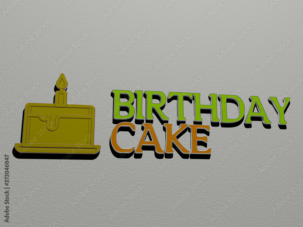 Poster 3d graphical image of birthday cake vertically along with text built by metallic cubic letters from 