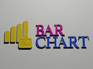 3D representation of bar chart with icon on the wall and text arranged by metallic cubic letters on a mirror floor for concept meaning and slideshow presentation, 3D illustration
