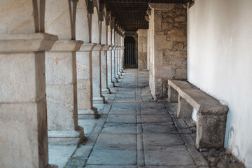 Exterior collonade hallway of a building in Portugal