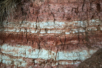 textures of various clay layers underground in  clay quarry after  geological study of  soil. colored layers of clay and stone in  section of  earth, different rock formations and soil layers.
