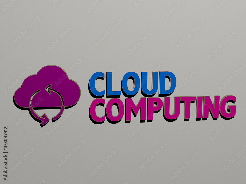 Poster 3d representation of cloud computing with icon on the wall and text arranged by metallic cubic lette