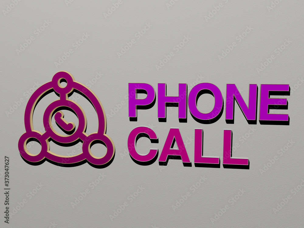 Poster 3d graphical image of phone call vertically along with text built by metallic cubic letters from the