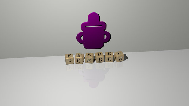 feeder text of cubic dice letters on the floor and 3D icon on the wall, 3D illustration