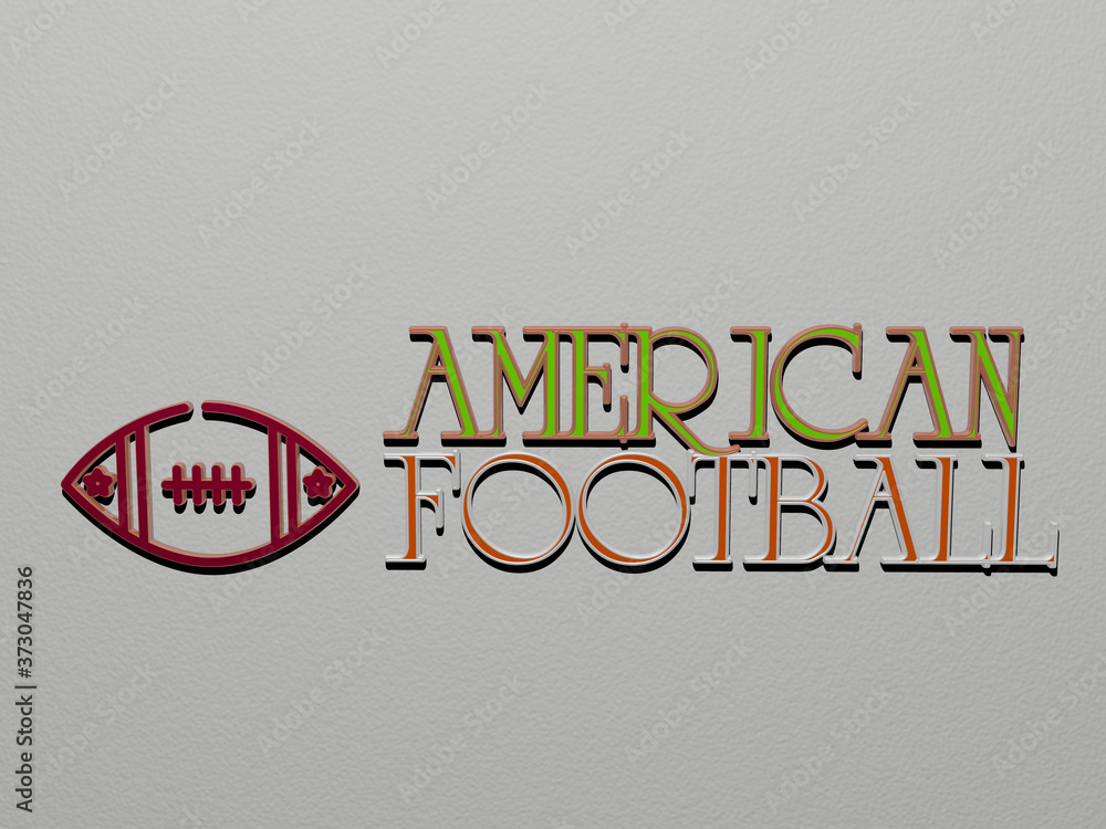 Poster 3d graphical image of american football vertically along with text built by metallic cubic letters f