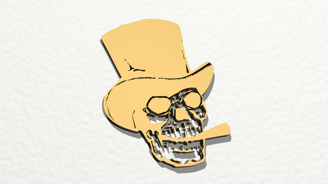 skeleton with hat and cigar 3D drawing icon, 3D illustration
