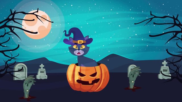 happy halloween animated scene with little cat in cemetery