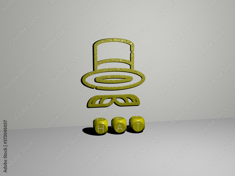 Poster 3d representation of hat with icon on the wall and text arranged by metallic cubic letters on a mirr