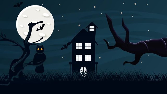 happy halloween animated scene with haunted house and owl