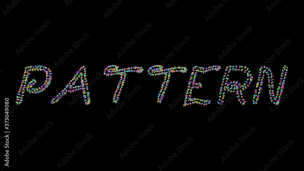 Poster colorful 3d writing of pattern text with small objects over a dark background and matching shadow, 3