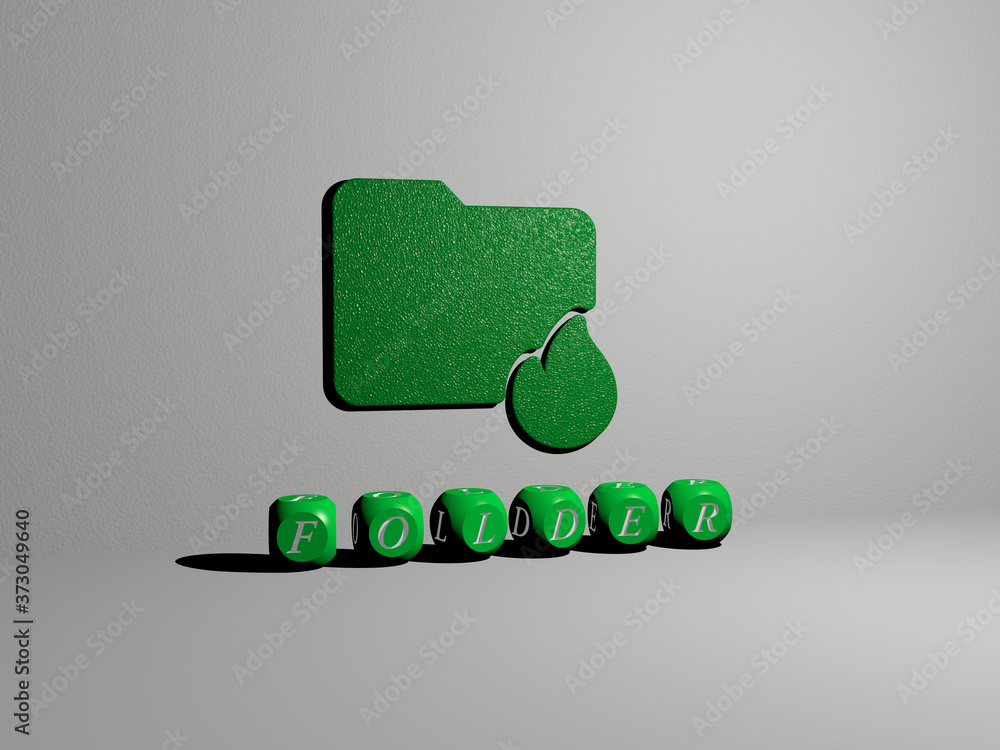 Poster 3d graphical image of folder vertically along with text built by metallic cubic letters from the top