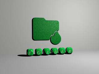3D graphical image of FOLDER vertically along with text built by metallic cubic letters from the top perspective, excellent for the concept presentation and slideshows, 3D illustration
