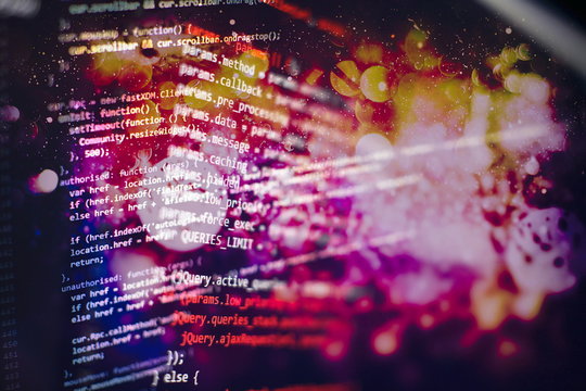 Server logs analysis. Closeup developing programming and coding technologies. Developer working on web sites codes in office.