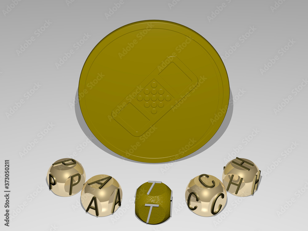 Poster patch round text of cubic letters around 3d icon, 3d illustration