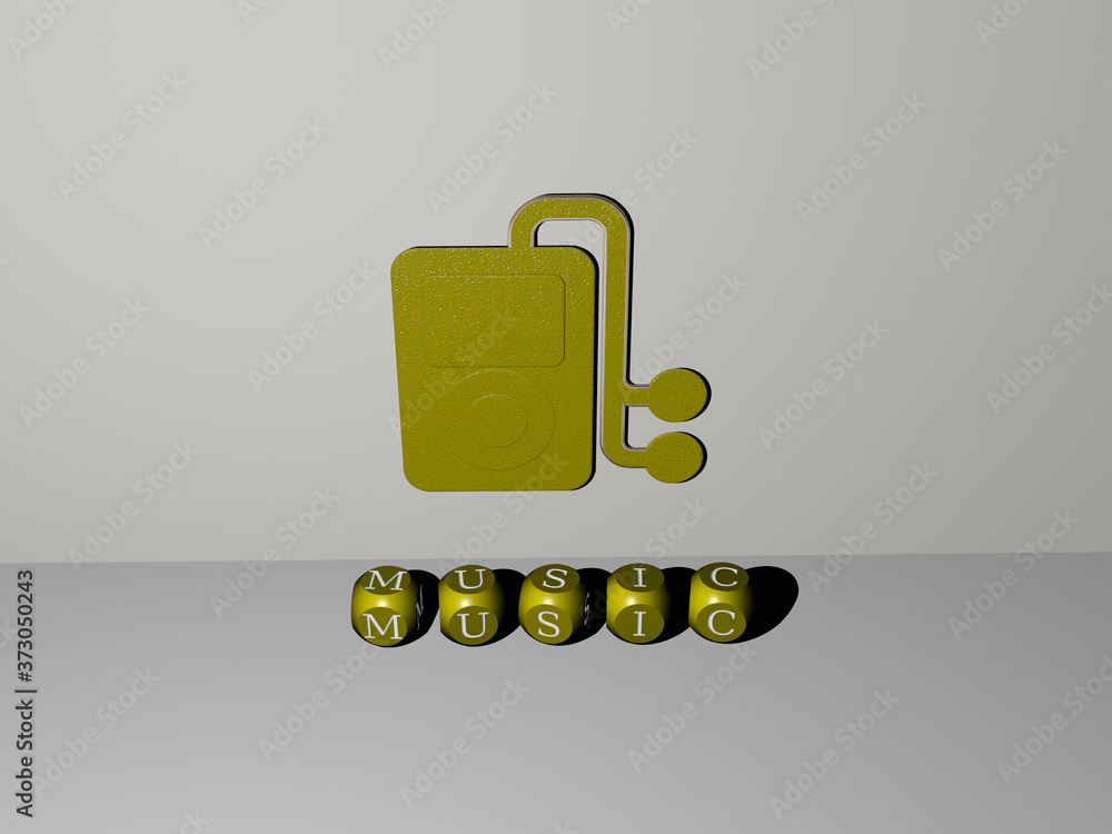 Aufkleber 3d representation of music with icon on the wall and text arranged by metallic cubic letters on a mi