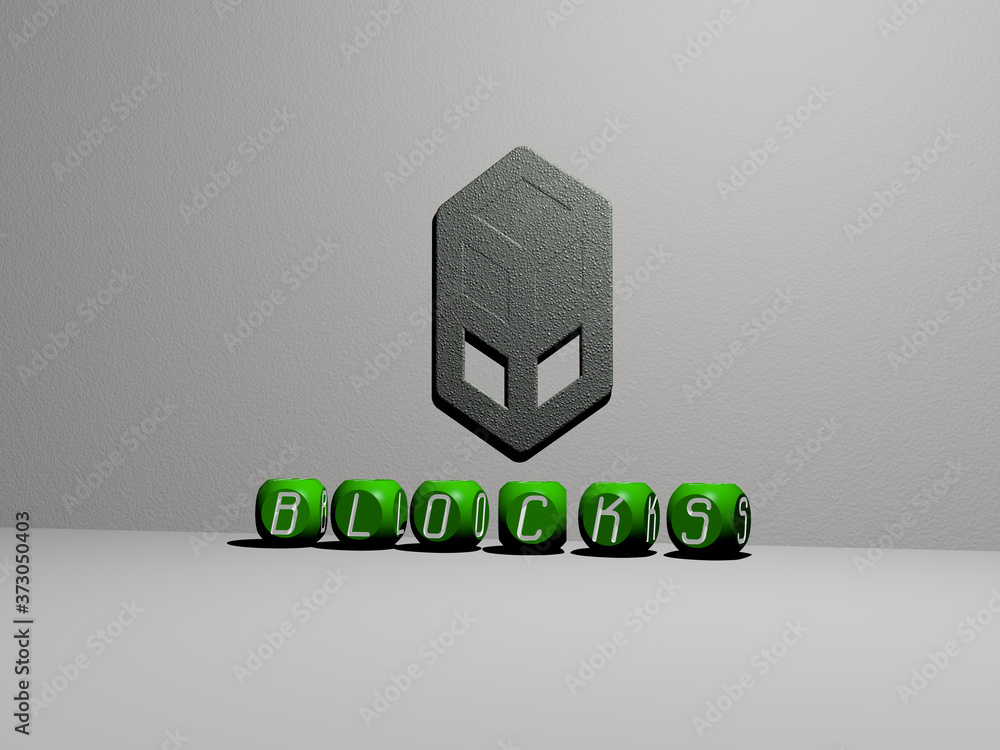Poster 3d graphical image of blocks vertically along with text built by metallic cubic letters from the top