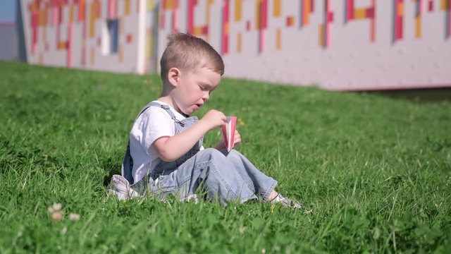 Blond Caucasian boy sits on grass in summer weather outside and eats fried French fries, child puts potatoes in red barbecue sauce and puts them in his mouth. Fast food and snacks in nature.