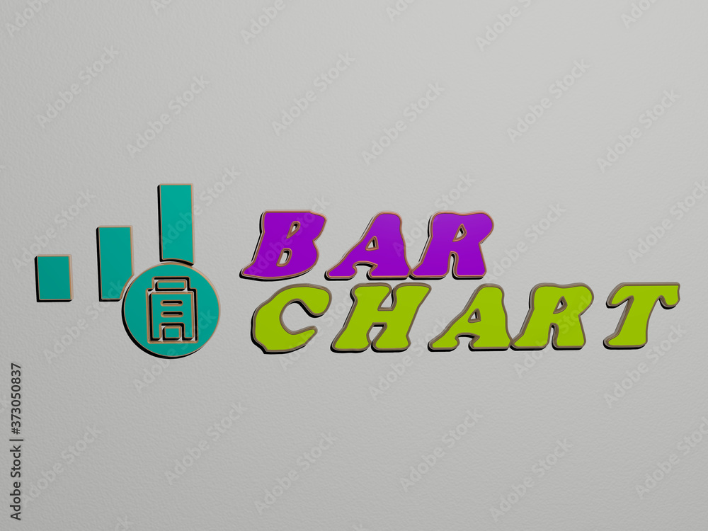 Aufkleber 3d representation of bar chart with icon on the wall and text arranged by metallic cubic letters on 