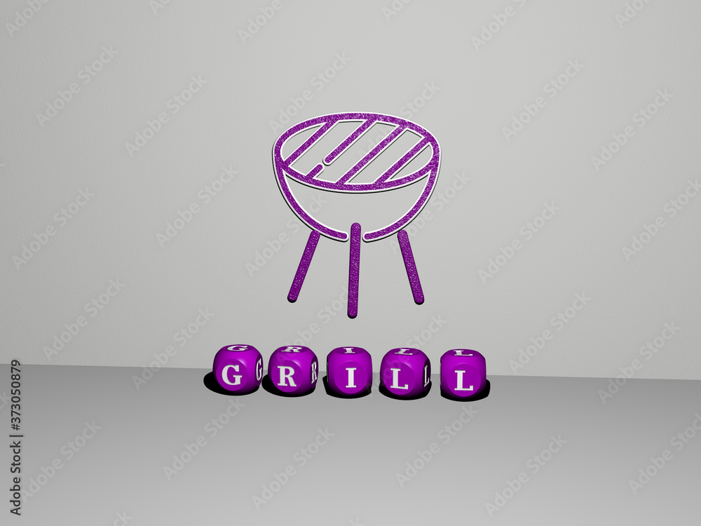 Aufkleber 3d representation of grill with icon on the wall and text arranged by metallic cubic letters on a mi