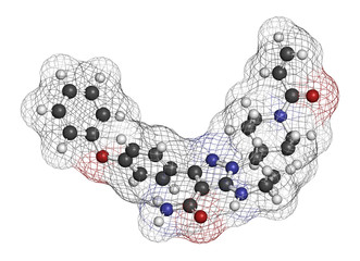 Zanubrutinib cancer drug molecule. 3D rendering. Atoms are represented as spheres with conventional color coding: hydrogen (white), carbon (grey), nitrogen (blue), oxygen (red).