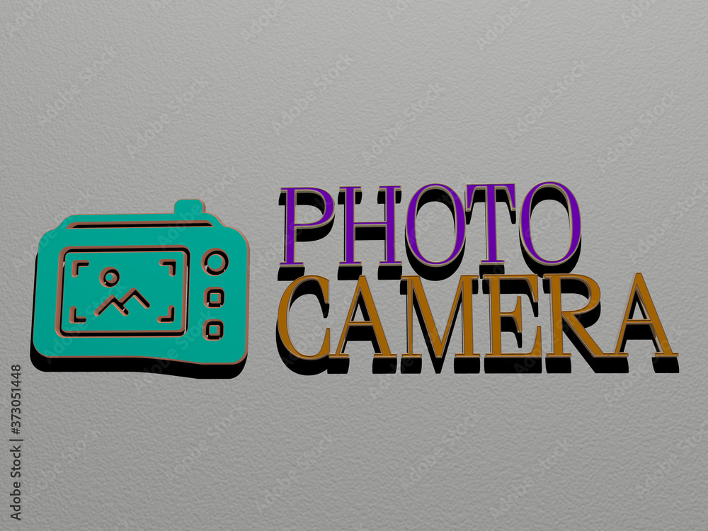 Poster 3d illustration of photo camera graphics and text made by metallic dice letters for the related mean