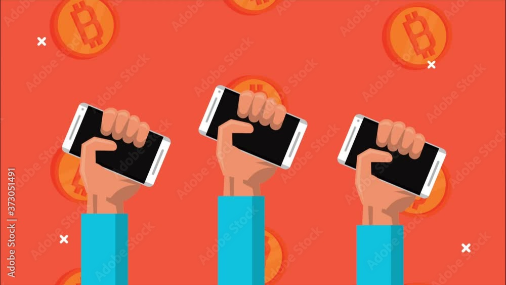 Poster bitcoin blockchain animation with hands lifting smartphones