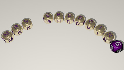 man shopping text of dice letters with curvature, 3D illustration