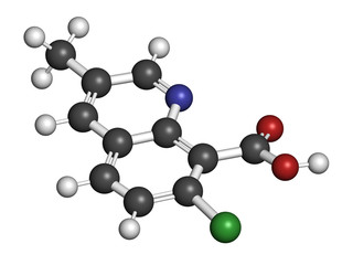 Quinmerac herbicide molecule. 3D rendering. Atoms are represented as spheres with conventional color coding: hydrogen (white), carbon (grey), nitrogen (blue), oxygen (red), chlorine (green).