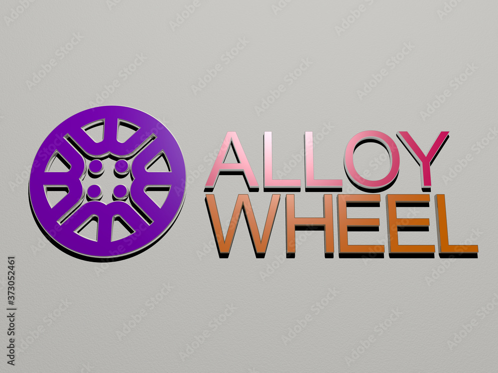 Poster 3d graphical image of alloy wheel vertically along with text built by metallic cubic letters from th