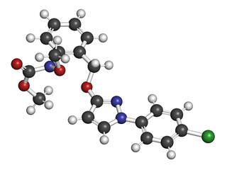 Pyraclostrobin fungicide molecule. 3D rendering. Atoms are represented as spheres with conventional color coding: hydrogen (white), carbon (grey), nitrogen (blue), oxygen (red), chlorine (green).
