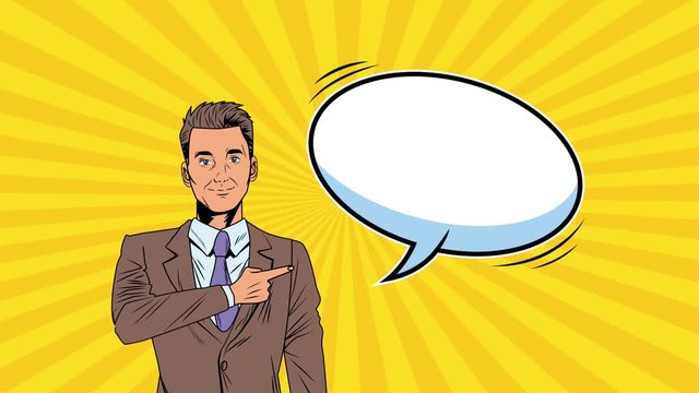 elegant businessman with speech bubble pop art style animation