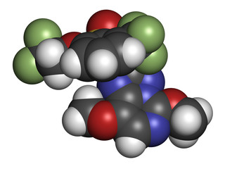 Penoxsulam herbicide molecule. 3D rendering. Atoms are represented as spheres with conventional color coding: hydrogen (white), carbon (grey), nitrogen (blue), oxygen (red), sulfur (yellow), etc