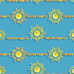 Suns. Sweetheart. Vector baby background. Cartoon sun and color lettering on blue sky background.
