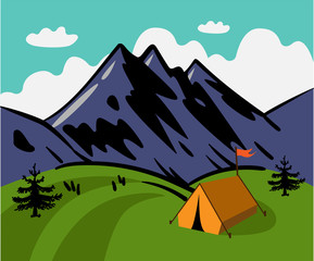 Hand drawn vector mountain landscape. Yellow tent in the mountains. Mountain camping.