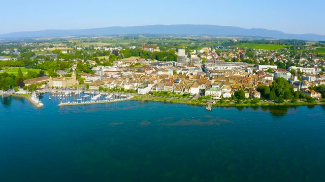 The Medieval Town Of Morges By The Lake Geneva In Vaud, Switzerland - aerial drone