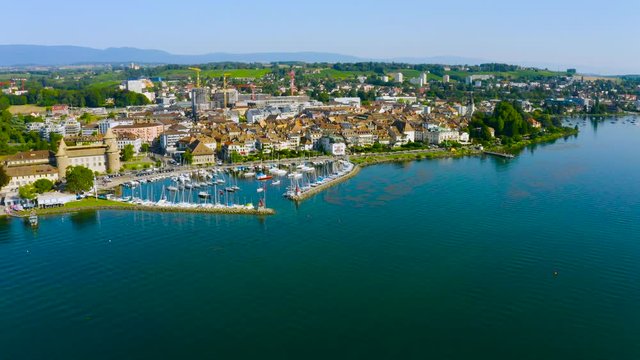 Morges Town On The Shore Of Lake Geneva At Daytime In The Canton Of Vaud, Switzerland - aerial drone