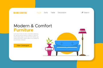 Set of furniture banner for landing page website. Sofa, lamp, bed, chair. Home interior set.