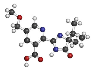 Imazamox herbicide molecule. 3D rendering. Atoms are represented as spheres with conventional color coding: hydrogen (white), carbon (grey), nitrogen (blue), oxygen (red).