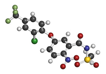 Fomesafen herbicide molecule. 3D rendering. Atoms are represented as spheres with conventional color coding: hydrogen (white), carbon (grey), nitrogen (blue), oxygen (red), chlorine (green), etc