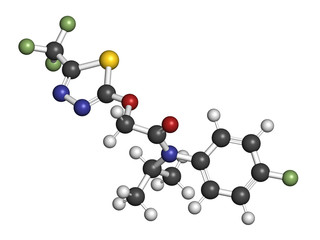 Flufenacet herbicide molecule. 3D rendering. Atoms are represented as spheres with conventional color coding: hydrogen (white), carbon (grey), nitrogen (blue), oxygen (red), sulfur (yellow), etc