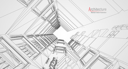 Architecture line background. Building construction sketch vector abstract. Modern city 3d project. Technology geometric grid. Wire blueprint house. Digital architect innovation wireframe. - obrazy, fototapety, plakaty