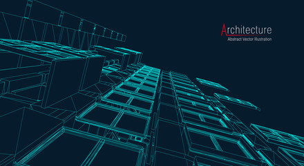 Architecture line background. Building construction sketch vector abstract. Modern city 3d project. Technology geometric grid. Wire blueprint house. Digital architect innovation wireframe.