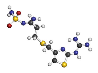 Famotidine drug molecule. 3D rendering. Atoms are represented as spheres with conventional color coding: hydrogen (white), carbon (grey), nitrogen (blue), oxygen (red), sulfur (yellow).