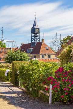 Townscape of the picturesque fishing village Hindeloopen in Friesland in the Netherlands