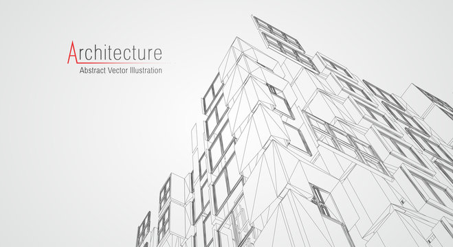 Architecture line background. Building construction sketch vector abstract. Modern city 3d project. Technology geometric grid. Wire blueprint house. Digital architect innovation wireframe.