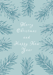 Winter card with fir branches. Invitation with conifers. Botanical vector illustration. Light blue background and white greeting.