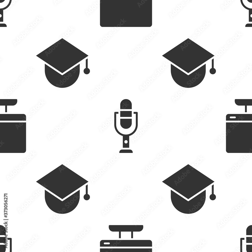 Poster set computer monitor screen, microphone and graduation cap on globe on seamless pattern. vector.
